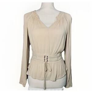 Peasant Boho Ivory Small Blouse Corset Cinch Tie Waist Blouse Long Sleeve Pirate